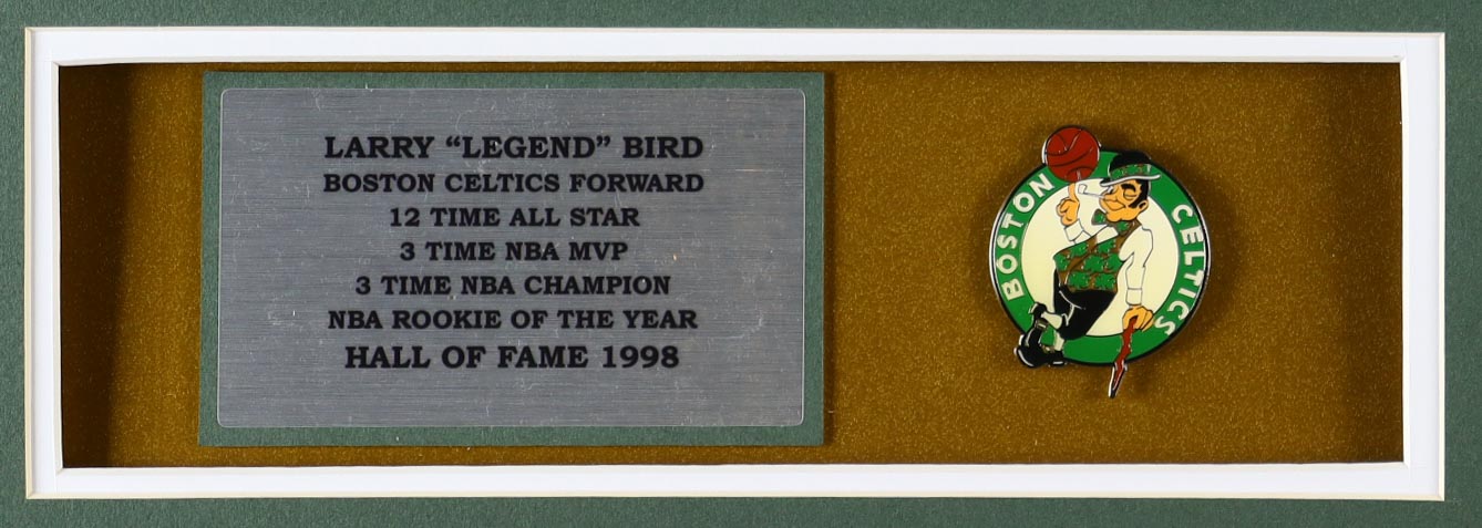 Larry Bird Signed Celtics Vintage Adidas Jersey Custom Framed Display with Pair of Team Logo Patches & Metal Emblem (Beckett) at PristineAuction.com Larry Bird Signed Celtics Vintage Adidas Jersey Custom Framed Display with Pair of Team Logo Patches & Metal Emblem (Beckett) at PristineAuction.com