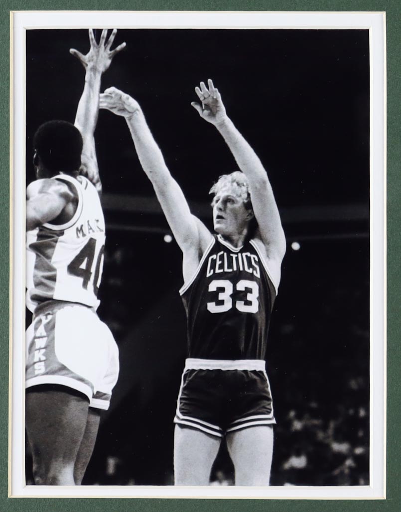 Larry Bird Signed Celtics Vintage Adidas Jersey Custom Framed Display with Pair of Team Logo Patches & Metal Emblem (Beckett) at PristineAuction.com Larry Bird Signed Celtics Vintage Adidas Jersey Custom Framed Display with Pair of Team Logo Patches & Metal Emblem (Beckett) at PristineAuction.com
