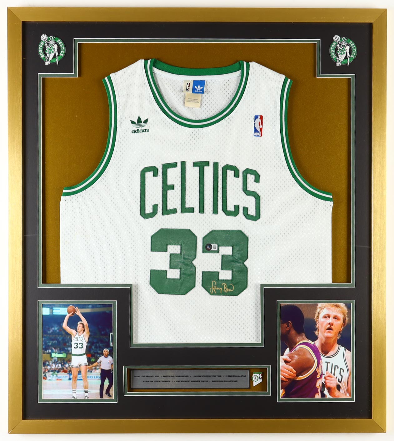 Larry Bird Signed Celtics Vintage Adidas Jersey Custom Framed Display with Pair of Team Logo Patches & Original 1986 Championship Pin (Beckett) at PristineAuction.com Larry Bird Signed Celtics Vintage Adidas Jersey Custom Framed Display with Pair of Team Logo Patches & Original 1986 Championship Pin (Beckett) at PristineAuction.com