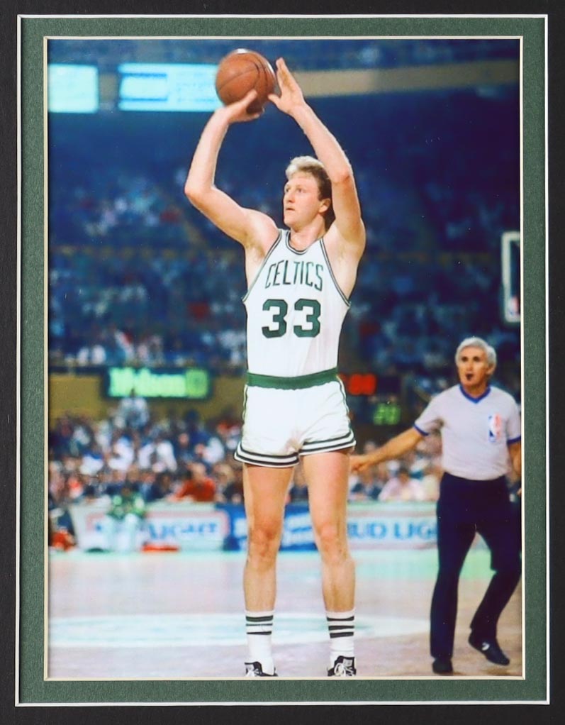 Larry Bird Signed Celtics Vintage Adidas Jersey Custom Framed Display with Pair of Team Logo Patches & Original 1986 Championship Pin (Beckett) at PristineAuction.com Larry Bird Signed Celtics Vintage Adidas Jersey Custom Framed Display with Pair of Team Logo Patches & Original 1986 Championship Pin (Beckett) at PristineAuction.com
