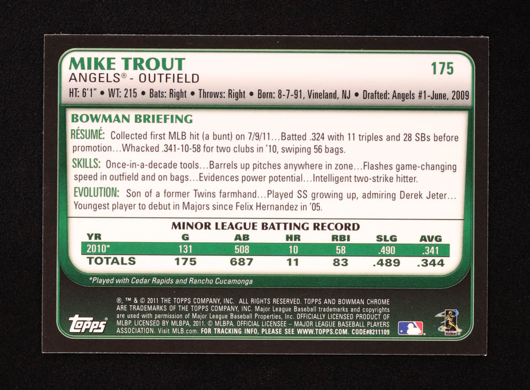 Mike Trout 2011 Bowman Chrome #175 RC at PristineAuction.com Mike Trout 2011 Bowman Chrome #175 RC at PristineAuction.com