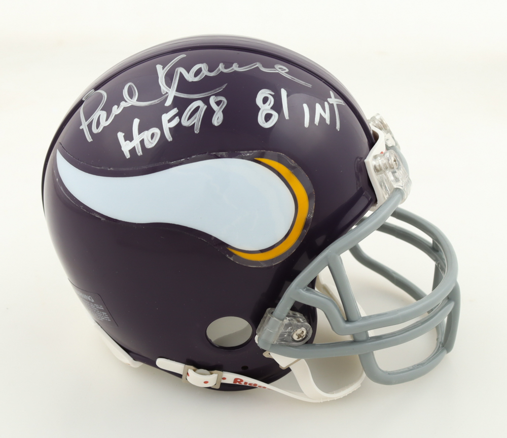 Paul Krause Signed Vikings Throwback Mini Helmet Inscribed "HOF 98" & "81 INT" (Schwartz) at PristineAuction.com Paul Krause Signed Vikings Throwback Mini Helmet Inscribed "HOF 98" & "81 INT" (Schwartz) at PristineAuction.com
