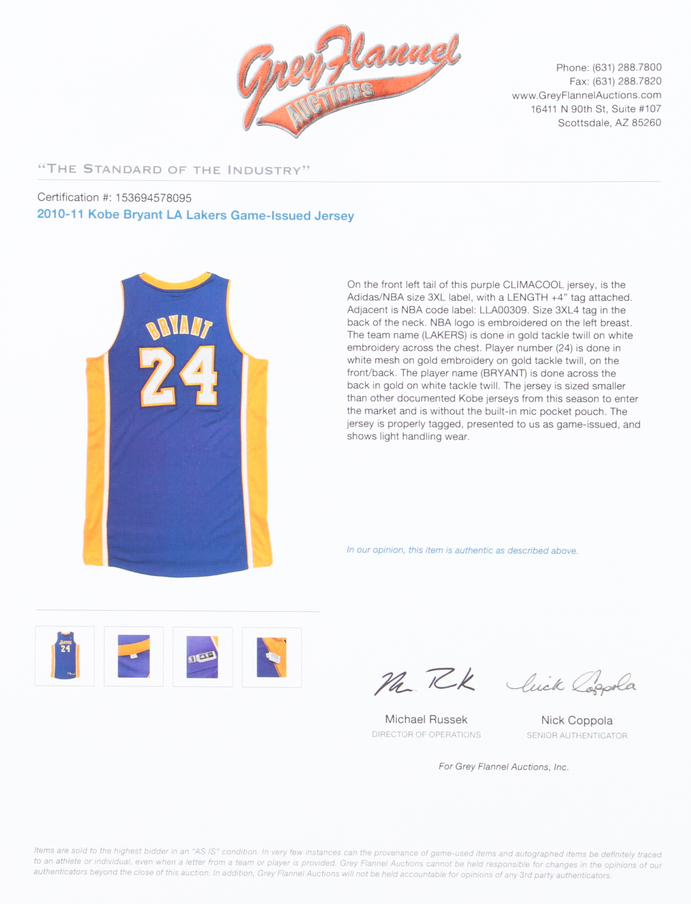 Kobe Bryant 2010-11 Lakers Game-Issued Jersey (Grey Flannel) at PristineAuction.com Kobe Bryant 2010-11 Lakers Game-Issued Jersey (Grey Flannel) at PristineAuction.com