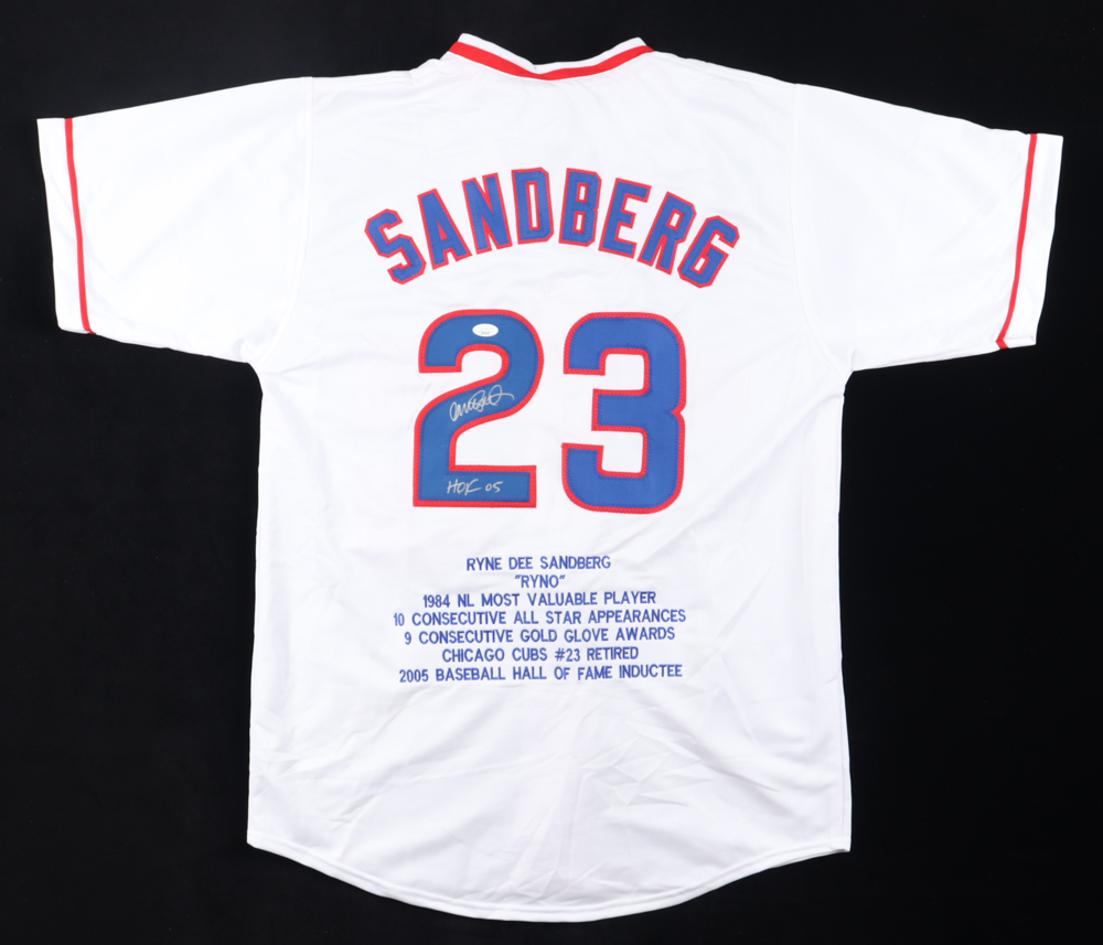 Ryne Sandberg Signed Career Highlight Stat Jersey Inscribed "HOF 05" (JSA) at PristineAuction.com Ryne Sandberg Signed Career Highlight Stat Jersey Inscribed "HOF 05" (JSA) at PristineAuction.com