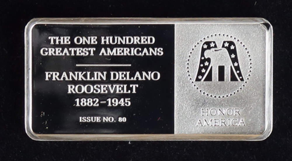 Franklin Mint One Hundred Greatest Americans: Franklin Delano Roosevelt - 500 Grains Sterling (.9636 oz. Silver) Silver Bullion Bar at PristineAuction.com Franklin Mint One Hundred Greatest Americans: Franklin Delano Roosevelt - 500 Grains Sterling (.9636 oz. Silver) Silver Bullion Bar at PristineAuction.com