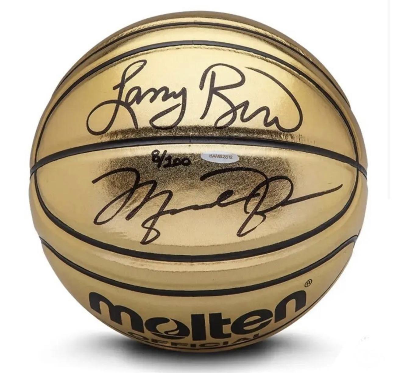 Michael Jordan & Larry Bird Signed LE Molten Gold Basketball (UDA) at PristineAuction.com Michael Jordan & Larry Bird Signed LE Molten Gold Basketball (UDA) at PristineAuction.com