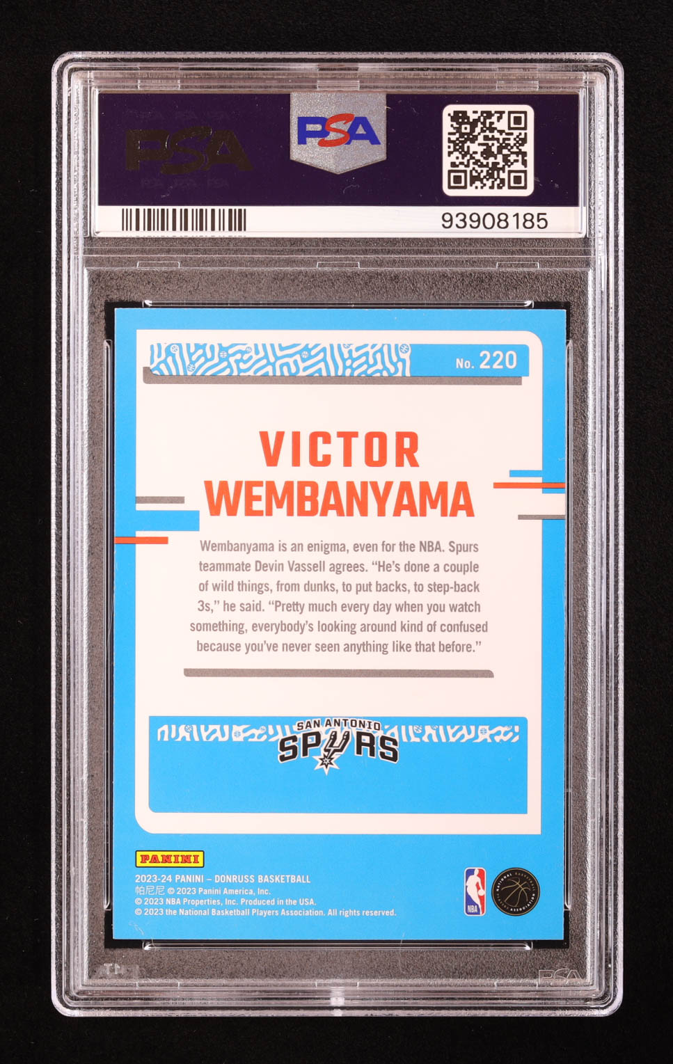 Victor Wembanyama 2023-24 Donruss Holo Green Laser #220 RC (PSA 9) at PristineAuction.com Victor Wembanyama 2023-24 Donruss Holo Green Laser #220 RC (PSA 9) at PristineAuction.com