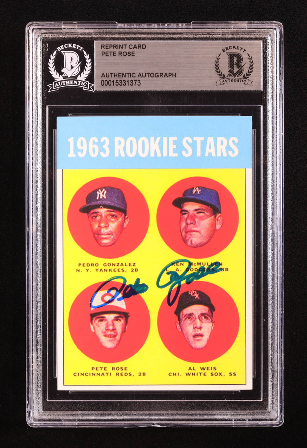 Pete Rose Signed 1963 Topps #537 Rookie Card Reprint (BGS) at PristineAuction.com Pete Rose Signed 1963 Topps #537 Rookie Card Reprint (BGS) at PristineAuction.com
