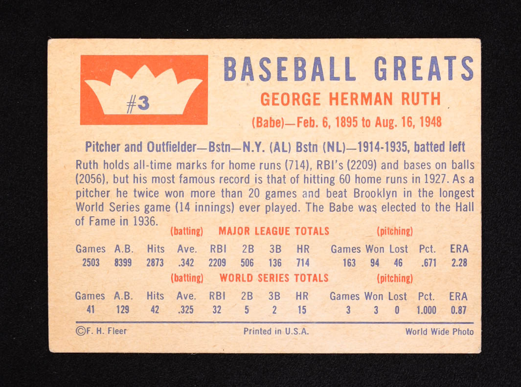 Babe Ruth 1960 Fleer #3 at PristineAuction.com Babe Ruth 1960 Fleer #3 at PristineAuction.com