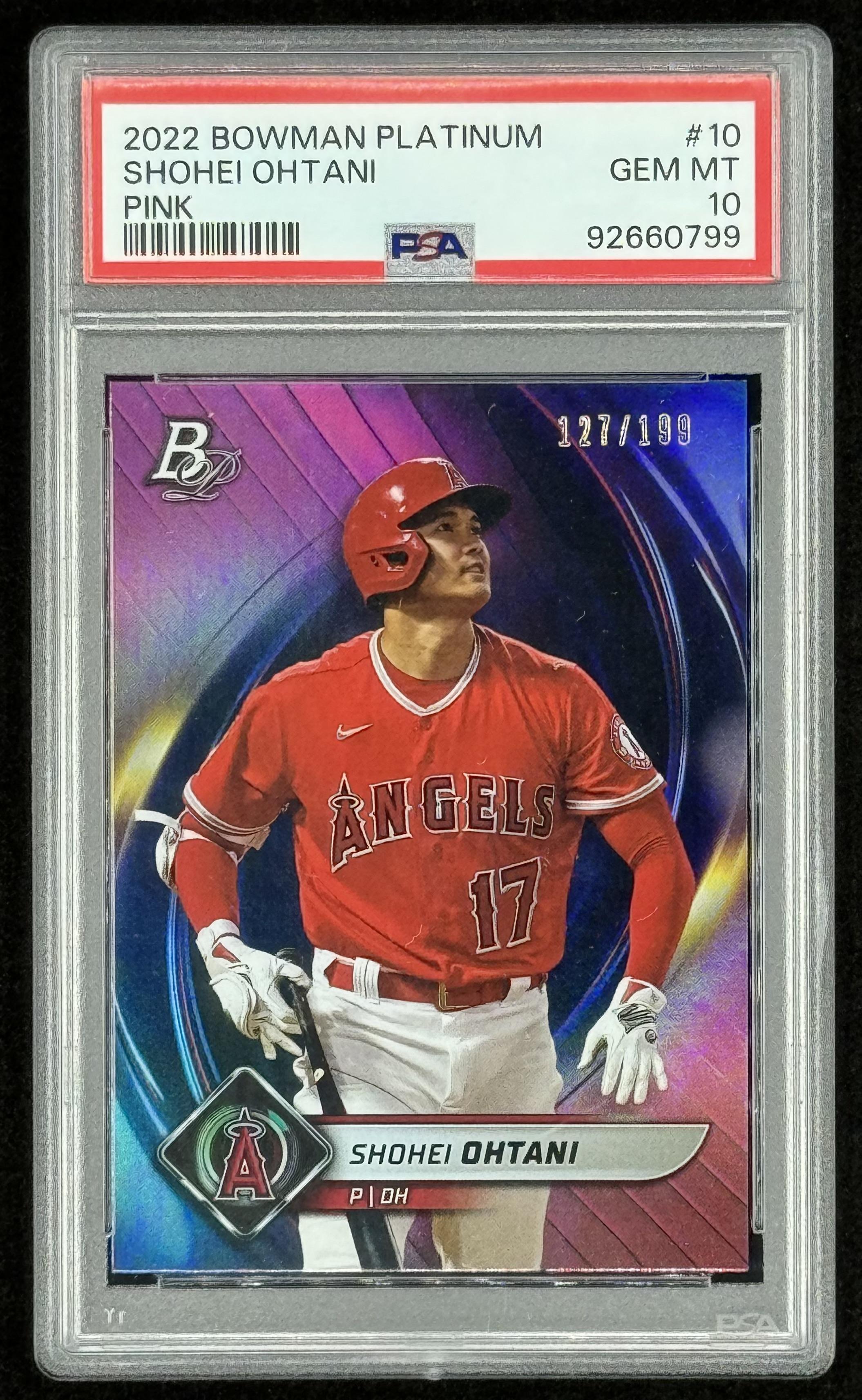 Shohei Ohtani 2022 Bowman Platinum Pink #10 #127/199 (PSA 10) at PristineAuction.com Shohei Ohtani 2022 Bowman Platinum Pink #10 #127/199 (PSA 10) at PristineAuction.com