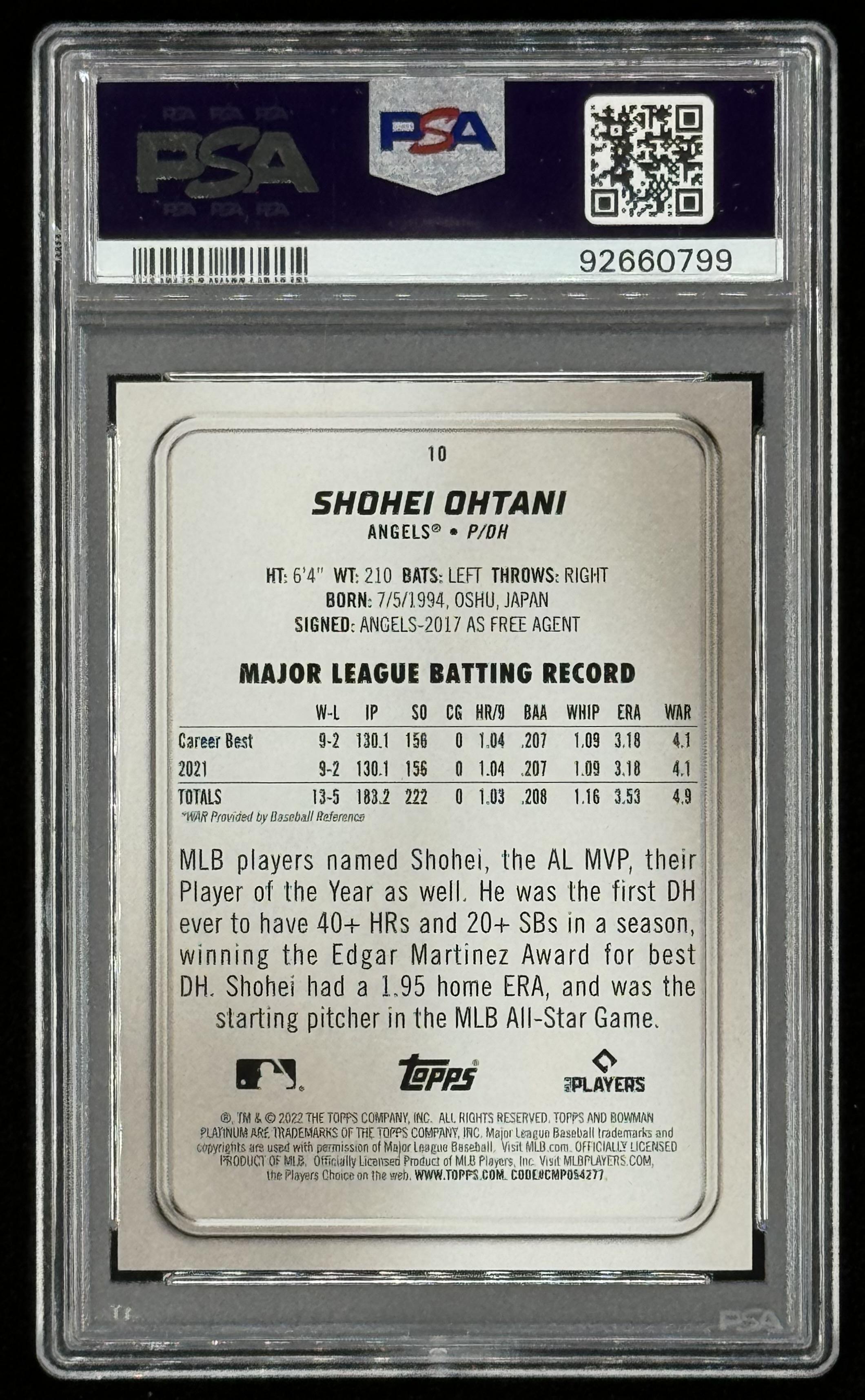 Shohei Ohtani 2022 Bowman Platinum Pink #10 #127/199 (PSA 10) at PristineAuction.com Shohei Ohtani 2022 Bowman Platinum Pink #10 #127/199 (PSA 10) at PristineAuction.com