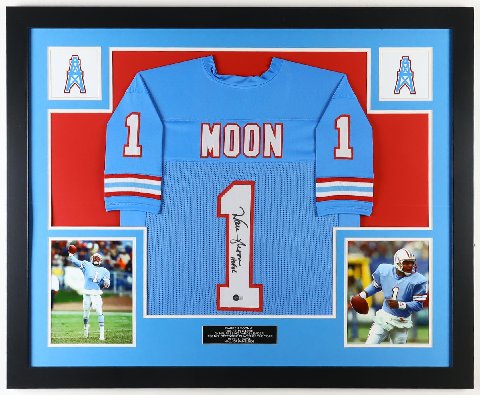 Warren Moon Signed Custom Framed Jersey Display Inscribed "HOF 06" (Beckett) at PristineAuction.com Warren Moon Signed Custom Framed Jersey Display Inscribed "HOF 06" (Beckett) at PristineAuction.com
