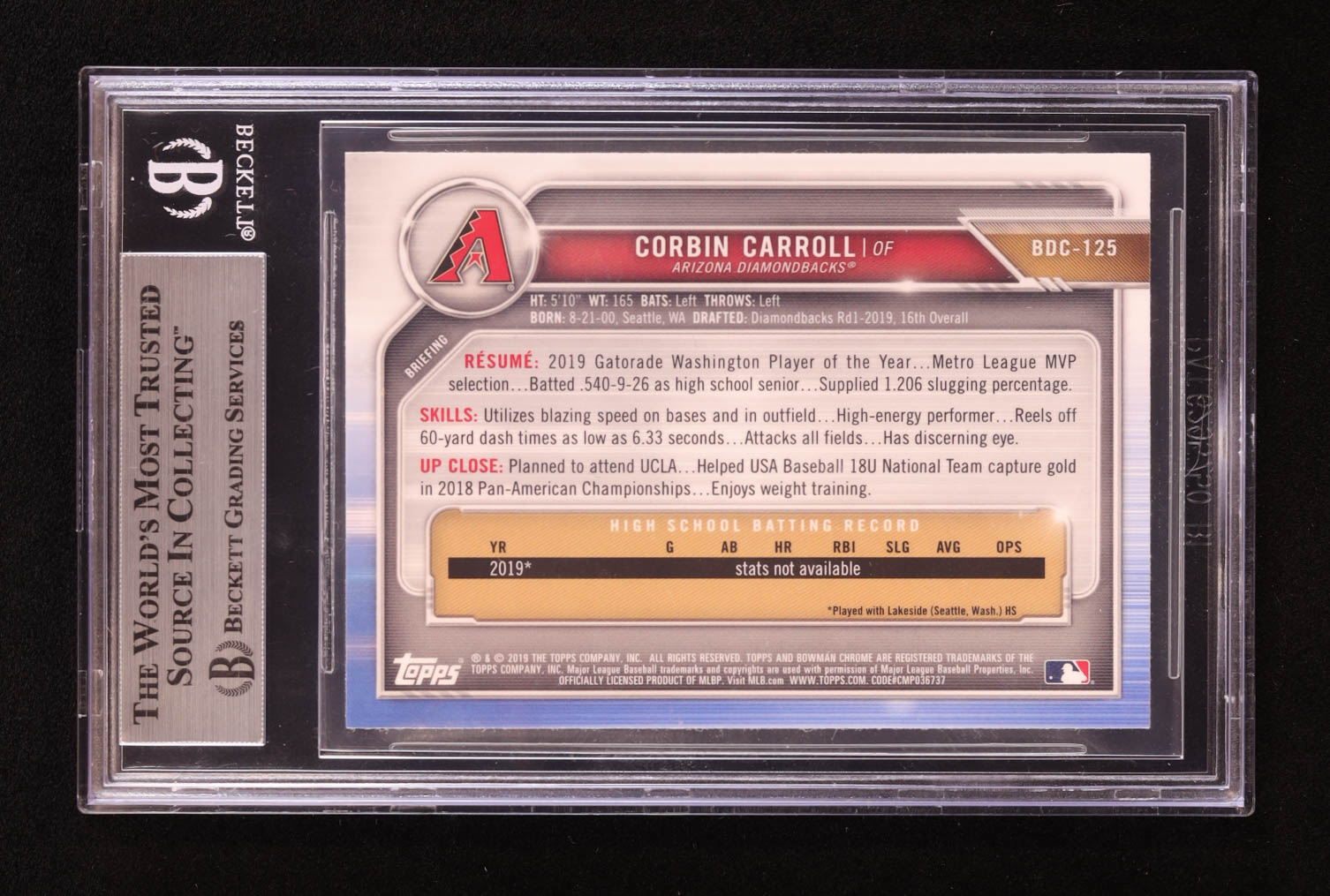 Corbin Carroll Signed 2019 Bowman Chrome Draft Sapphire #BDC125 RC (BGS) at PristineAuction.com Corbin Carroll Signed 2019 Bowman Chrome Draft Sapphire #BDC125 RC (BGS) at PristineAuction.com