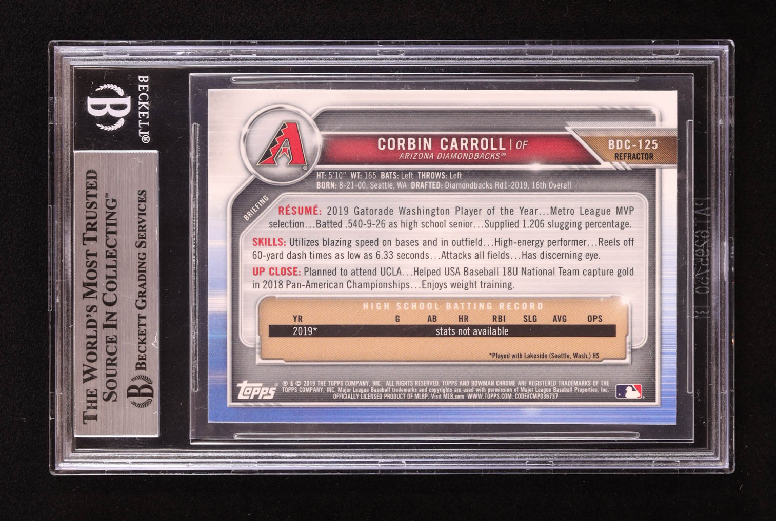 Corbin Carroll Signed 2019 Bowman Chrome Draft Refractors #BDC125 RC (BGS) at PristineAuction.com Corbin Carroll Signed 2019 Bowman Chrome Draft Refractors #BDC125 RC (BGS) at PristineAuction.com