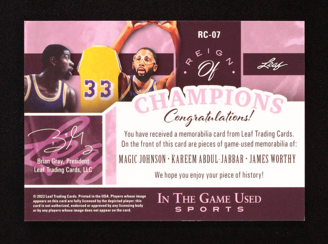 Magic Johnson / Kareem Abdul-Jabbar / James Worthy 2022 ITG Used Sports Reign Of Champions Rainbow Cracked Ice #RC07 #4/6 at PristineAuction.com Magic Johnson / Kareem Abdul-Jabbar / James Worthy 2022 ITG Used Sports Reign Of Champions Rainbow Cracked Ice #RC07 #4/6 at PristineAuction.com