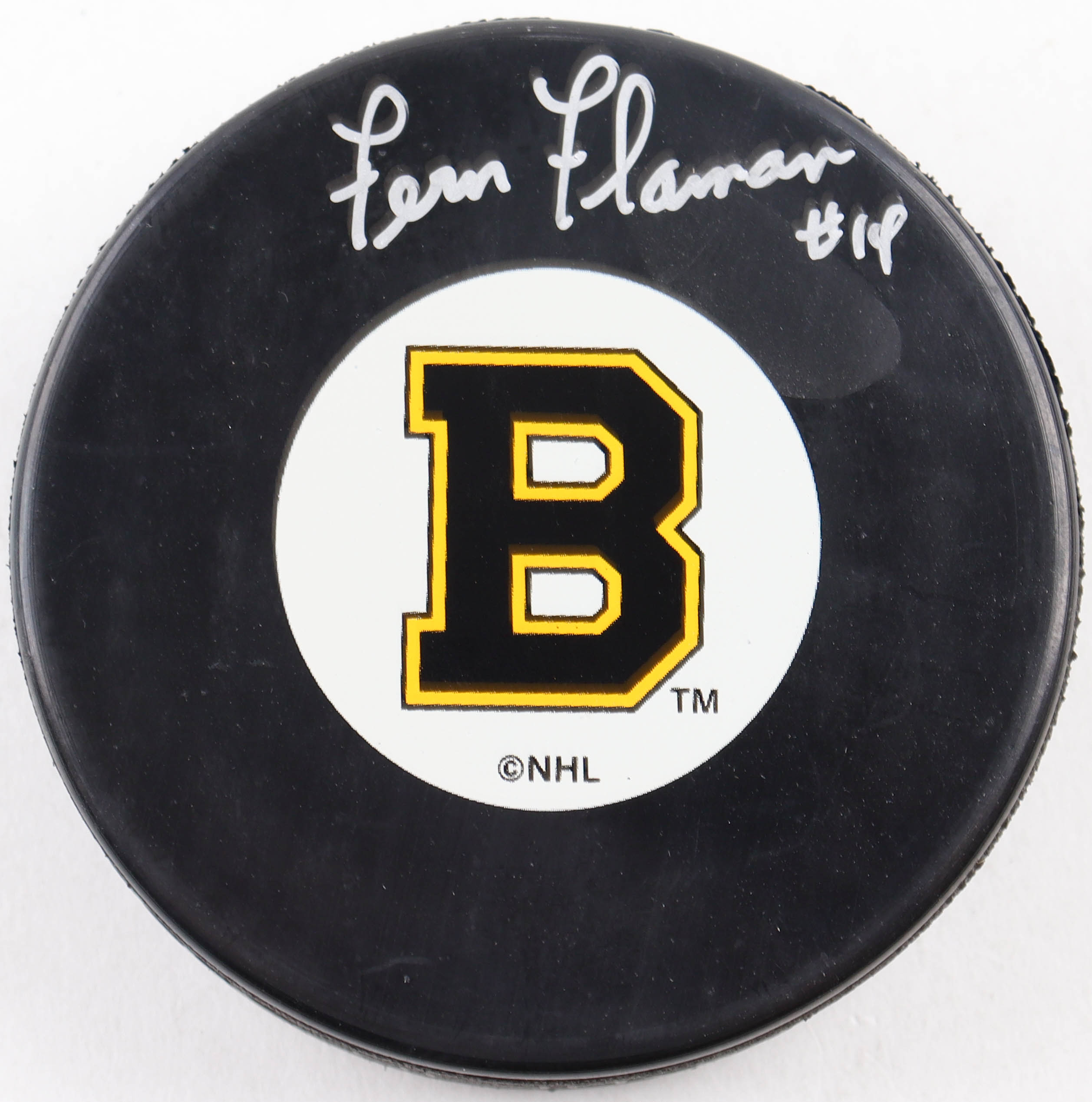 Fernie Flaman Signed Bruins Logo Hockey Puck (Beckett) at PristineAuction.com Fernie Flaman Signed Bruins Logo Hockey Puck (Beckett) at PristineAuction.com