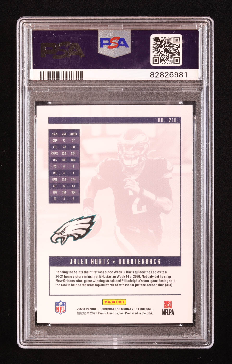 Jalen Hurts 2020 Panini Luminance #210 RC / CHRONICLES (PSA 10) at PristineAuction.com Jalen Hurts 2020 Panini Luminance #210 RC / CHRONICLES (PSA 10) at PristineAuction.com