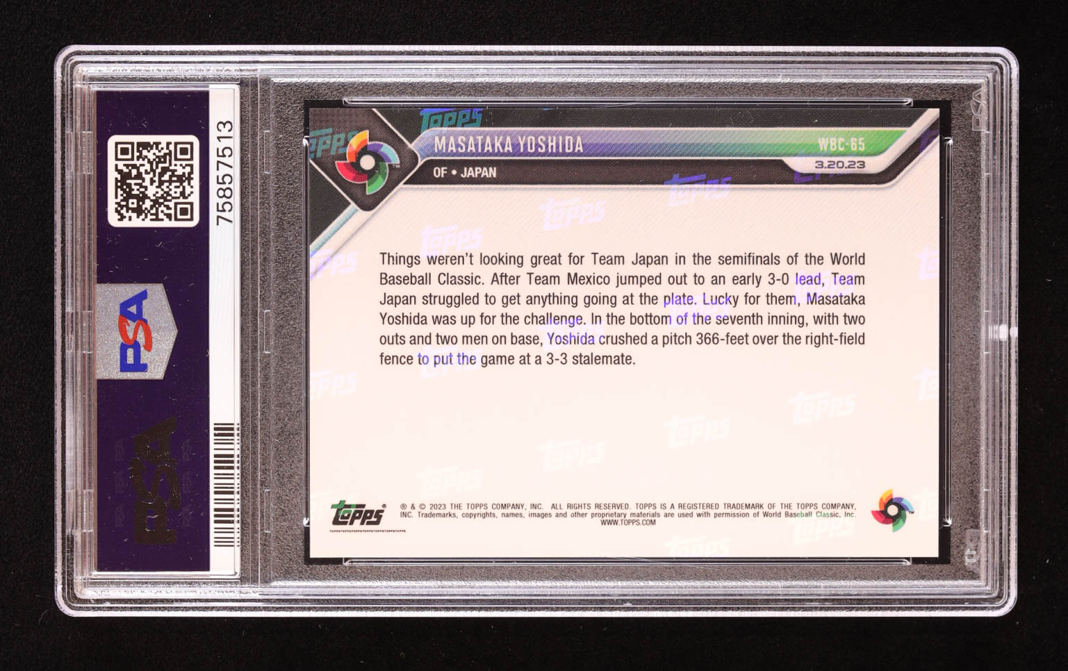 Masataka Yoshida 2023 Topps Now World Baseball Classic #WBC65 RC (PSA 10) at PristineAuction.com Masataka Yoshida 2023 Topps Now World Baseball Classic #WBC65 RC (PSA 10) at PristineAuction.com