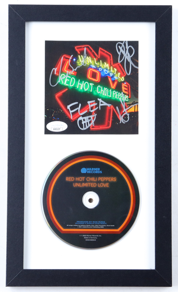 "Red Hot Chili Peppers" Custom Framed "Unlimited Love" CD Booklet Display Band-Signed By (4) With Anthony Kiedis, Flea, Chad Smith & John Frusciante (JSA) at PristineAuction.com "Red Hot Chili Peppers" Custom Framed "Unlimited Love" CD Booklet Display Band-Signed By (4) With Anthony Kiedis, Flea, Chad Smith & John Frusciante (JSA) at PristineAuction.com