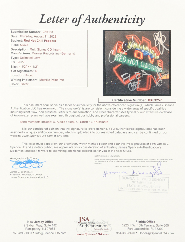 "Red Hot Chili Peppers" Custom Framed "Unlimited Love" CD Booklet Display Band-Signed By (4) With Anthony Kiedis, Flea, Chad Smith & John Frusciante (JSA) at PristineAuction.com "Red Hot Chili Peppers" Custom Framed "Unlimited Love" CD Booklet Display Band-Signed By (4) With Anthony Kiedis, Flea, Chad Smith & John Frusciante (JSA) at PristineAuction.com