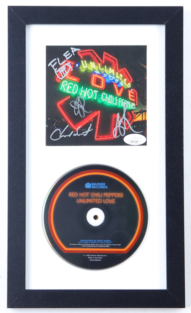 "Red Hot Chili Peppers" Custom Framed "Unlimited Love" CD Booklet Display Band-Signed By (4) With Anthony Kiedis, Flea, Chad Smith & John Frusciante (JSA) at PristineAuction.com "Red Hot Chili Peppers" Custom Framed "Unlimited Love" CD Booklet Display Band-Signed By (4) With Anthony Kiedis, Flea, Chad Smith & John Frusciante (JSA) at PristineAuction.com