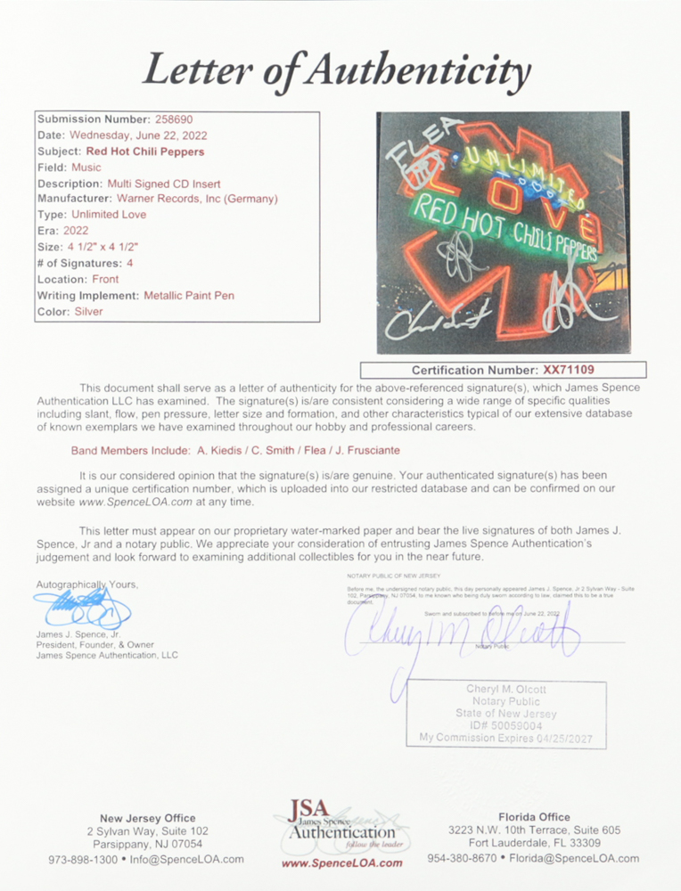 "Red Hot Chili Peppers" Custom Framed "Unlimited Love" CD Booklet Display Band-Signed By (4) With Anthony Kiedis, Flea, Chad Smith & John Frusciante (JSA) at PristineAuction.com "Red Hot Chili Peppers" Custom Framed "Unlimited Love" CD Booklet Display Band-Signed By (4) With Anthony Kiedis, Flea, Chad Smith & John Frusciante (JSA) at PristineAuction.com