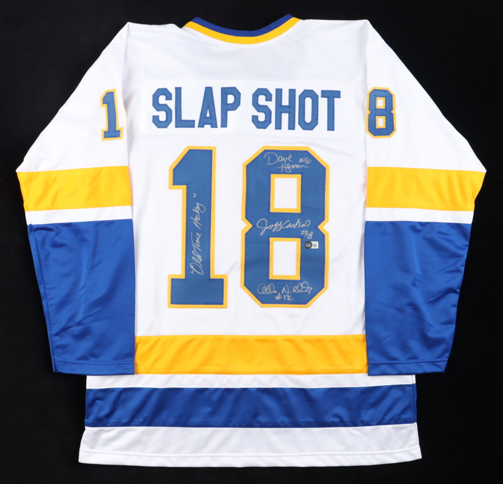 Dave Hanson, Allan Nicholls, & Jeff Carlson Signed "Slap Shot" Charlestown Chiefs Jersey Inscribed "Old Time Hockey" (Beckett) at PristineAuction.com Dave Hanson, Allan Nicholls, & Jeff Carlson Signed "Slap Shot" Charlestown Chiefs Jersey Inscribed "Old Time Hockey" (Beckett) at PristineAuction.com