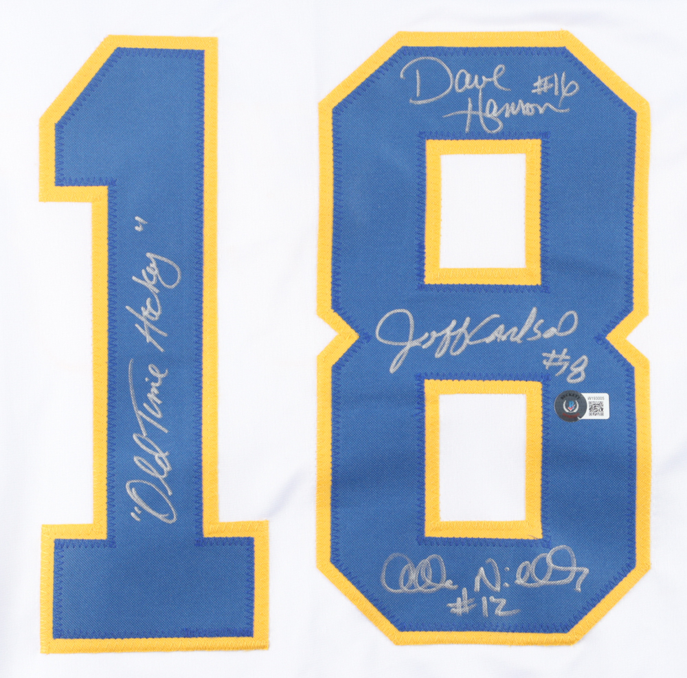 Dave Hanson, Allan Nicholls, & Jeff Carlson Signed "Slap Shot" Charlestown Chiefs Jersey Inscribed "Old Time Hockey" (Beckett) at PristineAuction.com Dave Hanson, Allan Nicholls, & Jeff Carlson Signed "Slap Shot" Charlestown Chiefs Jersey Inscribed "Old Time Hockey" (Beckett) at PristineAuction.com