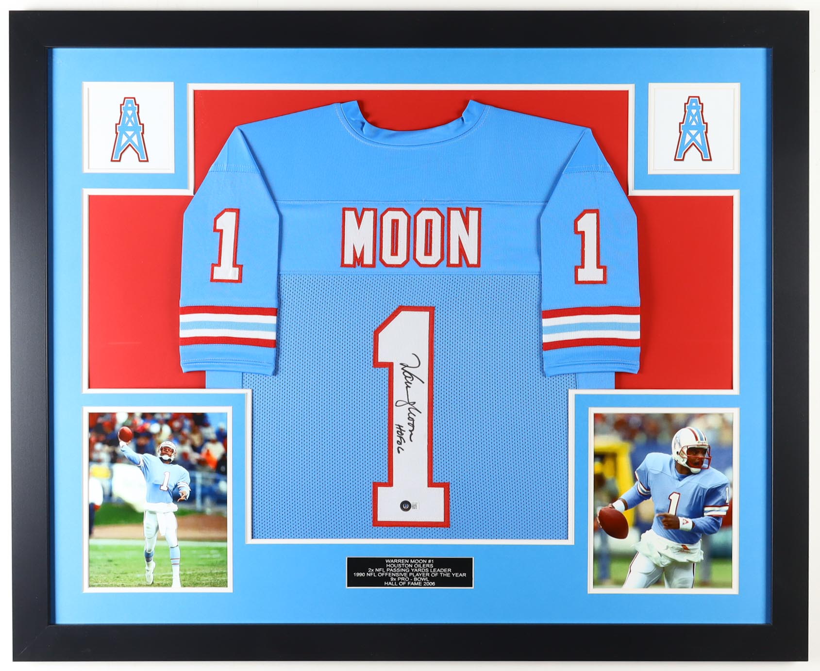 Warren Moon Signed Custom Framed Jersey Display Inscribed "HOF 06" (Beckett) at PristineAuction.com Warren Moon Signed Custom Framed Jersey Display Inscribed "HOF 06" (Beckett) at PristineAuction.com