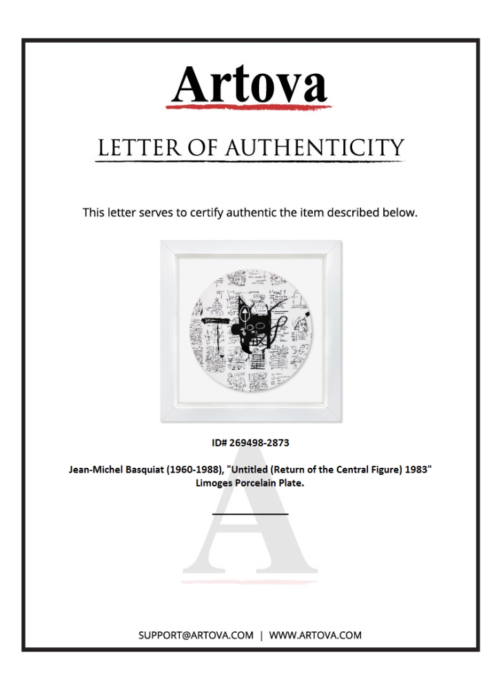"Untitled (Return of the Central Figure) 1983" 16x16 Custom Framed Limoges Porcelain Plate by Jean-Michel Basquiat (Artova) at PristineAuction.com "Untitled (Return of the Central Figure) 1983" 16x16 Custom Framed Limoges Porcelain Plate by Jean-Michel Basquiat (Artova) at PristineAuction.com