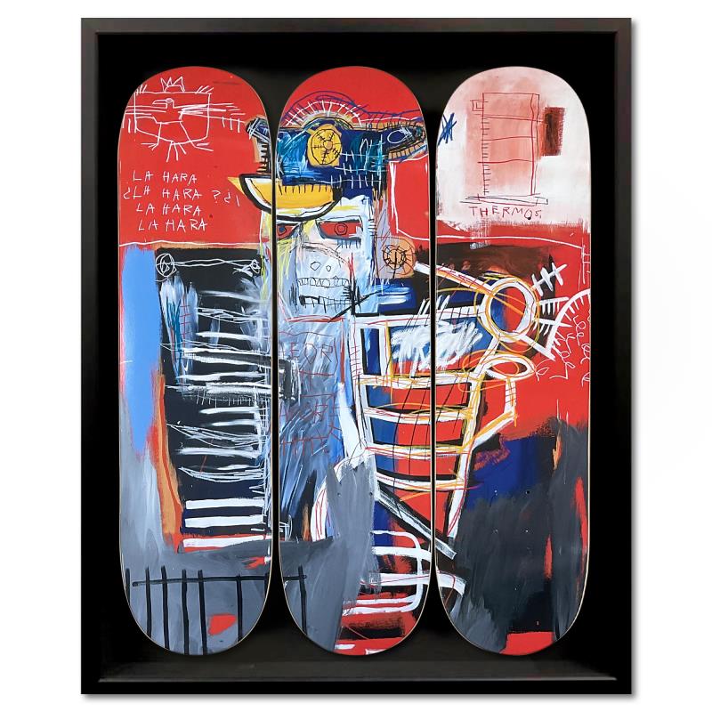 "La Hara, 1981" Custom Framed Skateboard Triptych by Jean-Michel Basquiat (Artova) at PristineAuction.com "La Hara, 1981" Custom Framed Skateboard Triptych by Jean-Michel Basquiat (Artova) at PristineAuction.com