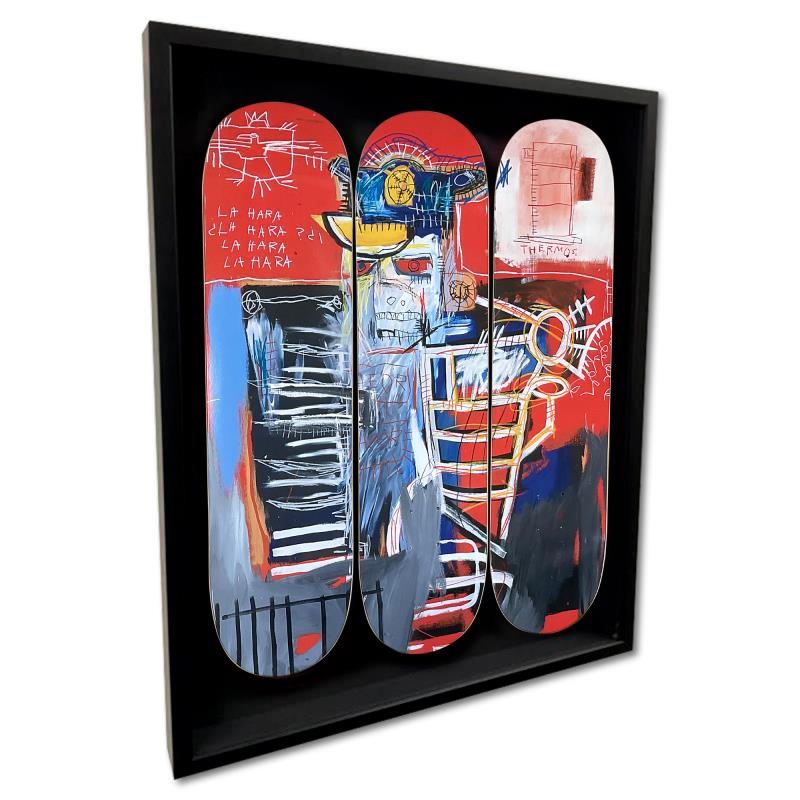 "La Hara, 1981" Custom Framed Skateboard Triptych by Jean-Michel Basquiat (Artova) at PristineAuction.com "La Hara, 1981" Custom Framed Skateboard Triptych by Jean-Michel Basquiat (Artova) at PristineAuction.com