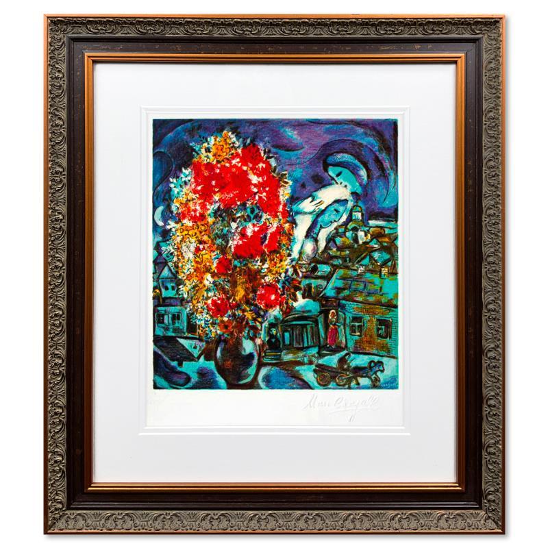 "Le Boutique Et Le Village Bleu" LE 22x20 Custom Framed Lithograph by Marc Chagall (Artova) at PristineAuction.com "Le Boutique Et Le Village Bleu" LE 22x20 Custom Framed Lithograph by Marc Chagall (Artova) at PristineAuction.com