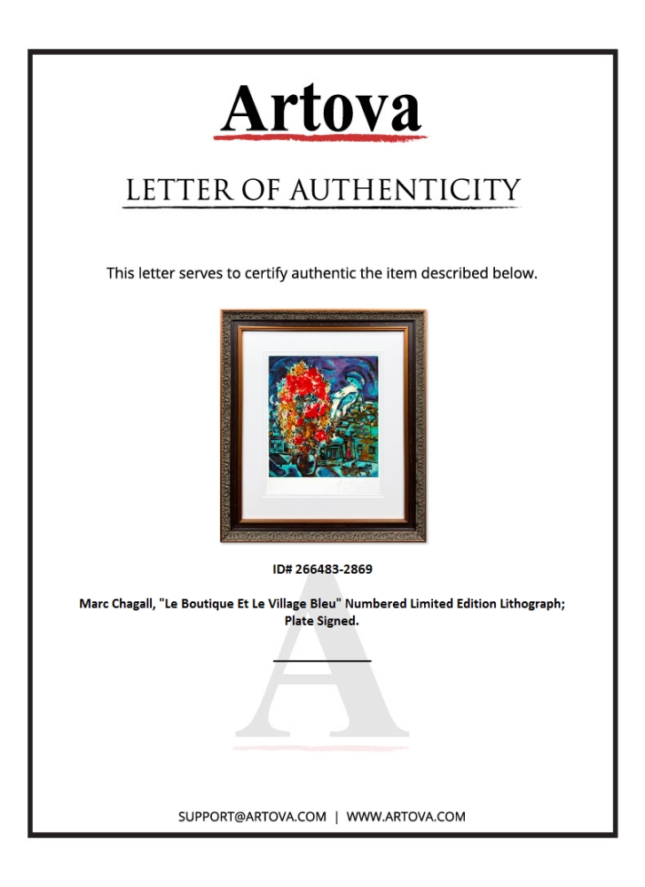 "Le Boutique Et Le Village Bleu" LE 22x20 Custom Framed Lithograph by Marc Chagall (Artova) at PristineAuction.com "Le Boutique Et Le Village Bleu" LE 22x20 Custom Framed Lithograph by Marc Chagall (Artova) at PristineAuction.com