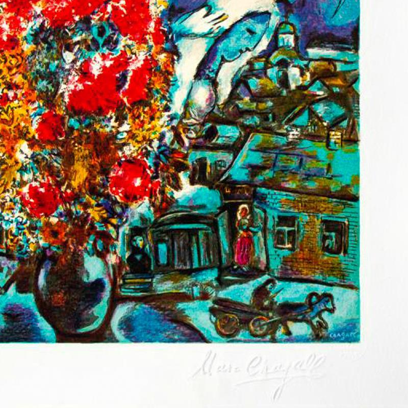 "Le Boutique Et Le Village Bleu" LE 22x20 Custom Framed Lithograph by Marc Chagall (Artova) at PristineAuction.com "Le Boutique Et Le Village Bleu" LE 22x20 Custom Framed Lithograph by Marc Chagall (Artova) at PristineAuction.com