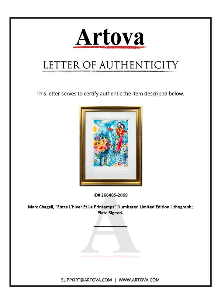 "Entre L'hiver Et Le Printemps" LE 25x23 Custom Framed Lithograph by Marc Chagall (Artova) at PristineAuction.com "Entre L'hiver Et Le Printemps" LE 25x23 Custom Framed Lithograph by Marc Chagall (Artova) at PristineAuction.com