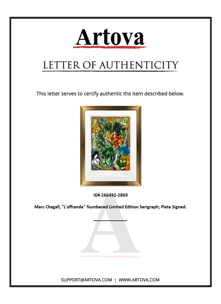 "L'offrande" LE 37x35 Custom Framed Serigraph by Marc Chagall (Artova) at PristineAuction.com "L'offrande" LE 37x35 Custom Framed Serigraph by Marc Chagall (Artova) at PristineAuction.com