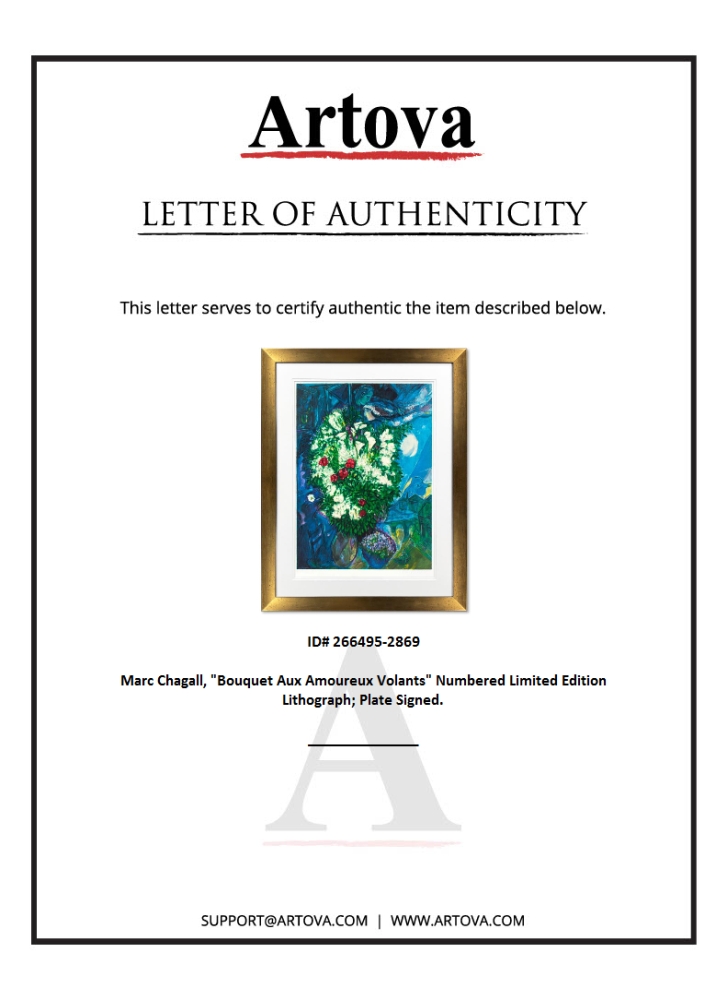 "Bouquet Aux Amoureux Volants" LE 33x31 Custom Framed Lithograph by Marc Chagall (Artova) at PristineAuction.com "Bouquet Aux Amoureux Volants" LE 33x31 Custom Framed Lithograph by Marc Chagall (Artova) at PristineAuction.com