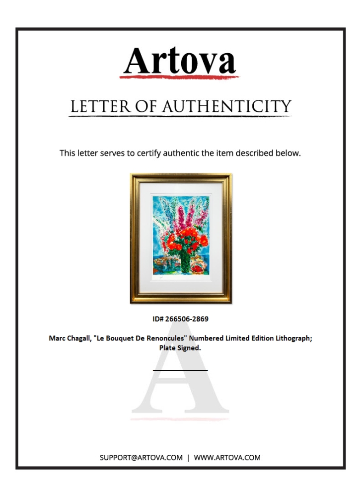"Le Bouquet De Renoncules" LE 44x42 Custom Framed Lithograph by Marc Chagall (Artova) at PristineAuction.com "Le Bouquet De Renoncules" LE 44x42 Custom Framed Lithograph by Marc Chagall (Artova) at PristineAuction.com