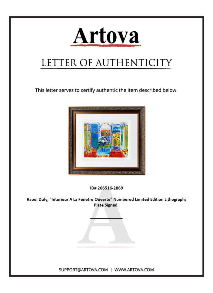 "Interieur A La Fenetre Ouverte" LE 30x28 Custom Framed Lithograph by Raoul Dufy (Artova) at PristineAuction.com "Interieur A La Fenetre Ouverte" LE 30x28 Custom Framed Lithograph by Raoul Dufy (Artova) at PristineAuction.com