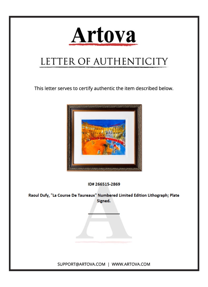 "La Course De Taureaux" LE 28x26 Custom Framed Lithograph by Raoul Dufy (Artova) at PristineAuction.com "La Course De Taureaux" LE 28x26 Custom Framed Lithograph by Raoul Dufy (Artova) at PristineAuction.com