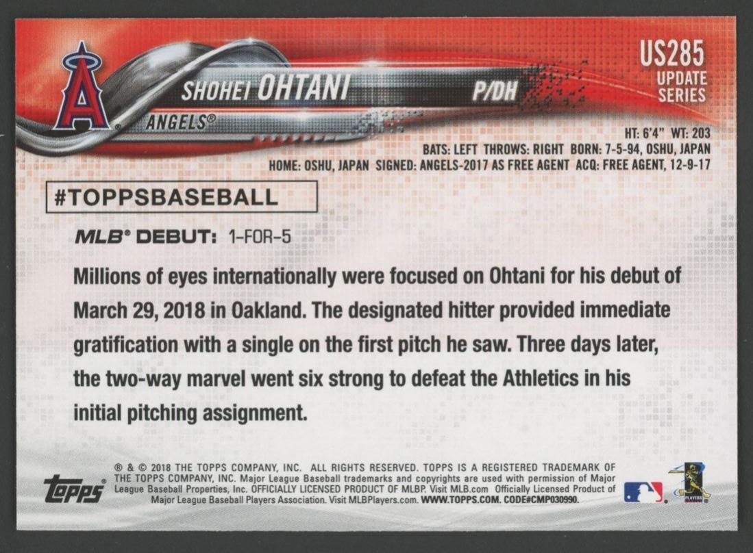 Shohei Ohtani 2018 Topps Update #US285 RC at PristineAuction.com Shohei Ohtani 2018 Topps Update #US285 RC at PristineAuction.com