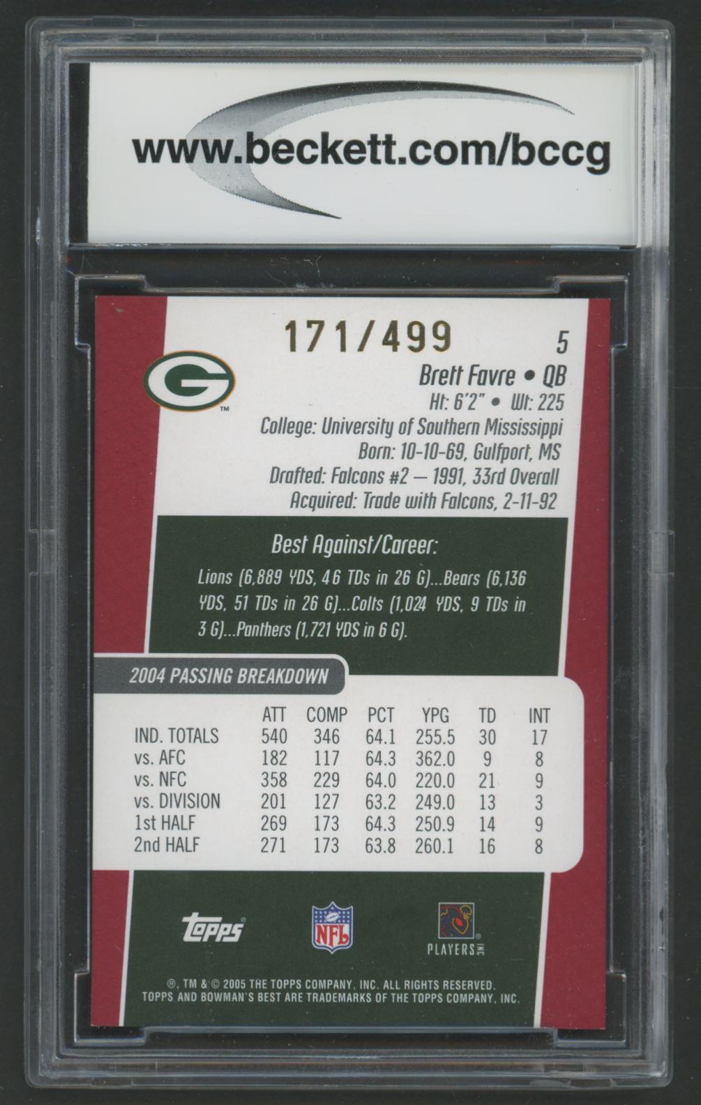 Brett Favre 2005 Bowman's Best Red #5 #171/499 (BCCG 10) at PristineAuction.com Brett Favre 2005 Bowman's Best Red #5 #171/499 (BCCG 10) at PristineAuction.com
