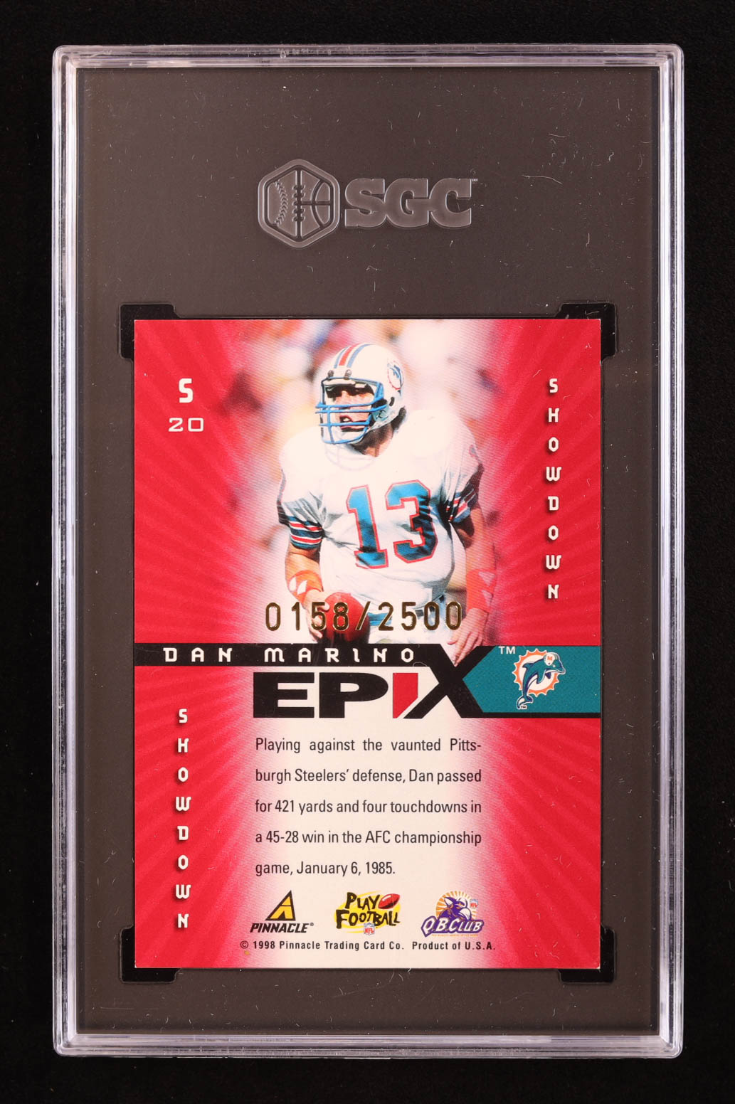 Dan Marino 1998 Score Epix Hobby #S20 Showdown #0158/2500 (SGC 9) at PristineAuction.com Dan Marino 1998 Score Epix Hobby #S20 Showdown #0158/2500 (SGC 9) at PristineAuction.com