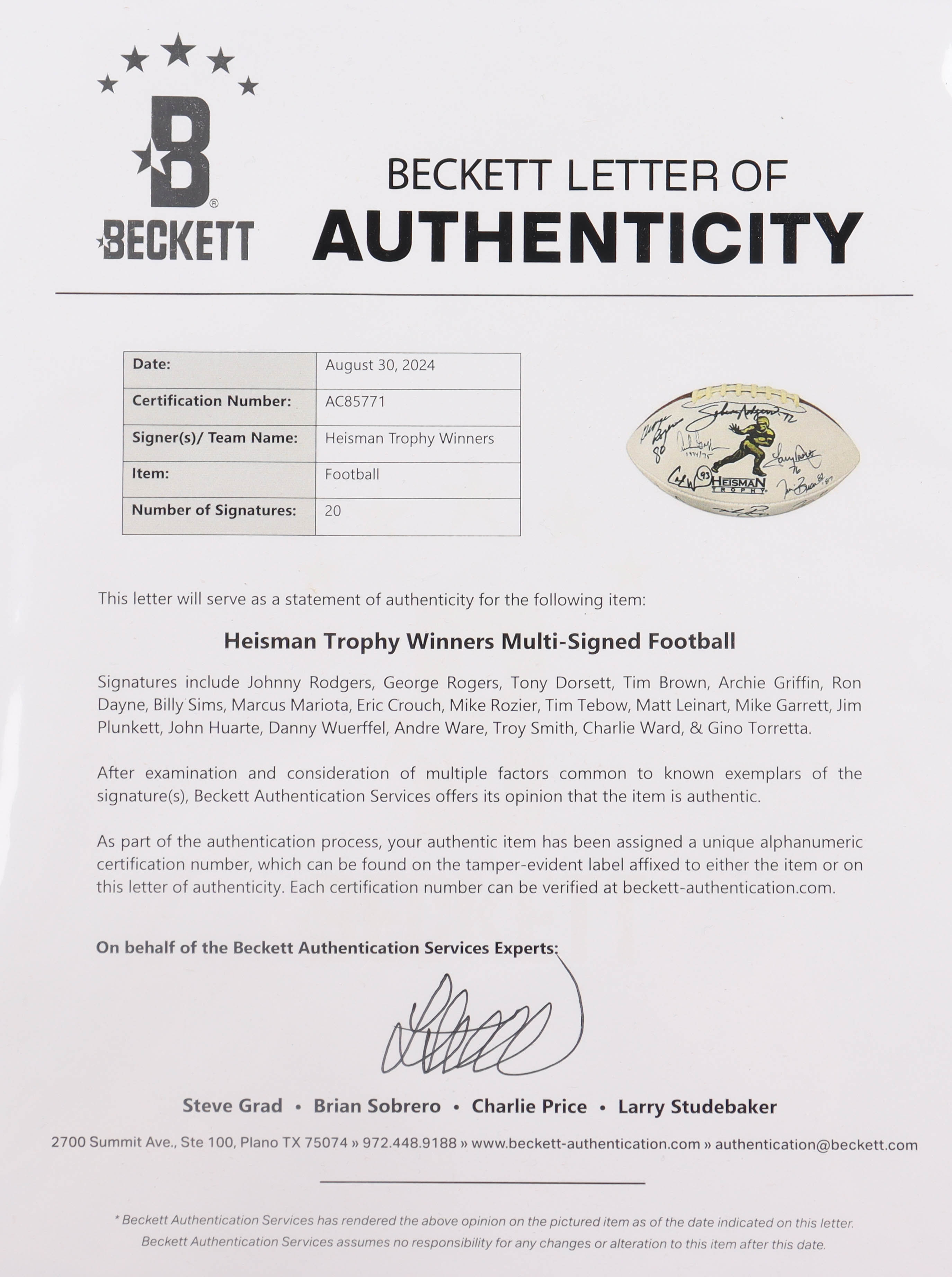 Heisman Trophy Winners Commemorative Football Signed by (20) with Johnny Rodgers, George Rogers, Tony Dorsett, Tim Brown with Trophy Year Inscriptions (Beckett) at PristineAuction.com Heisman Trophy Winners Commemorative Football Signed by (20) with Johnny Rodgers, George Rogers, Tony Dorsett, Tim Brown with Trophy Year Inscriptions (Beckett) at PristineAuction.com