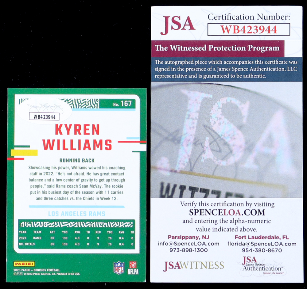 Kyren Williams Signed 2023 Donruss #167 (JSA) at PristineAuction.com Kyren Williams Signed 2023 Donruss #167 (JSA) at PristineAuction.com