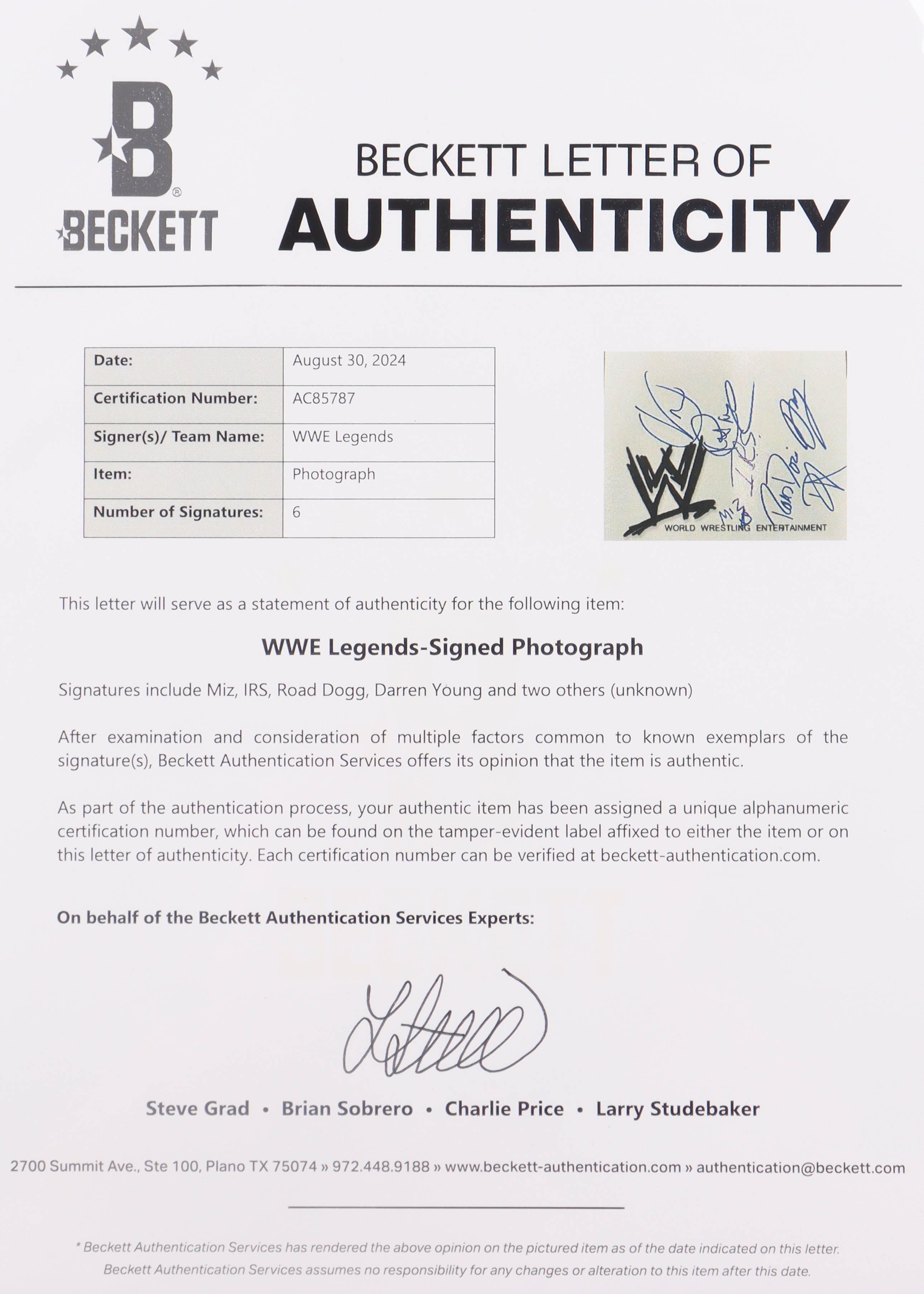 WWE Legends 8x10 Photo Signed by (6) with Miz, IRS, Road Dogg, Darren Young (Beckett) at PristineAuction.com WWE Legends 8x10 Photo Signed by (6) with Miz, IRS, Road Dogg, Darren Young (Beckett) at PristineAuction.com