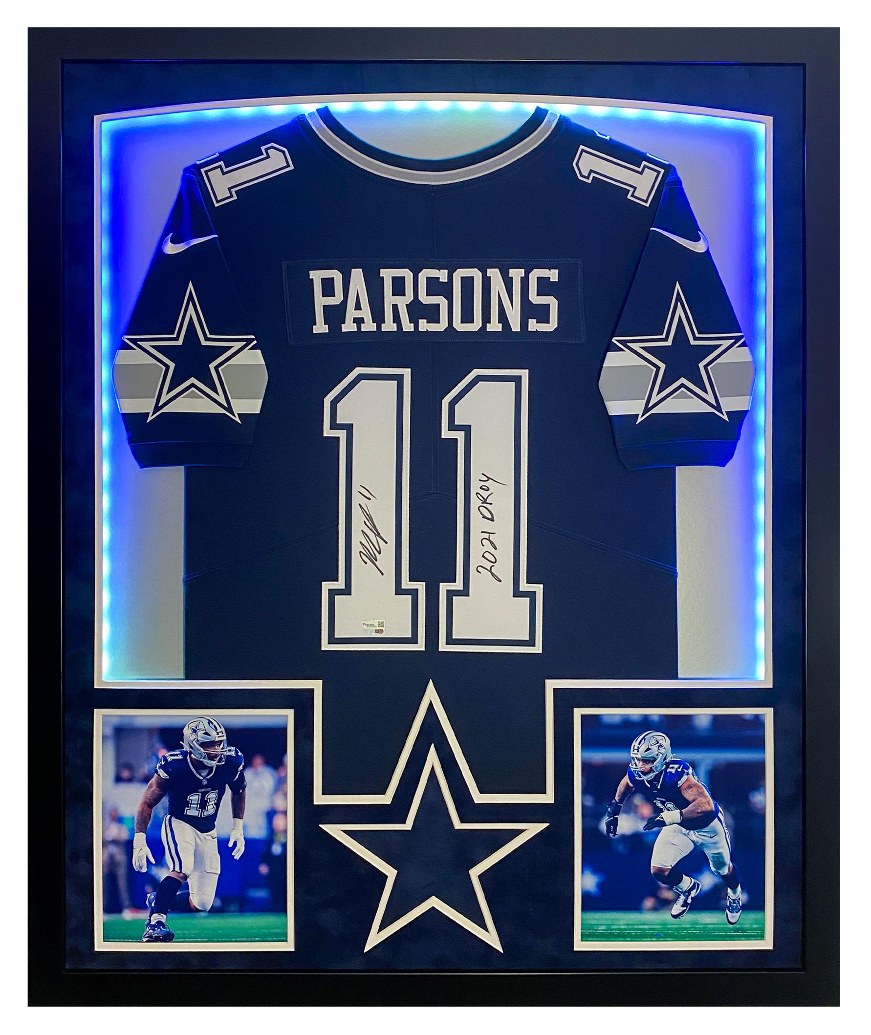 Micah Parsons Signed Cowboys Custom Framed LED Jersey Display Inscribed "2021 DROY" (Fanatics) at PristineAuction.com Micah Parsons Signed Cowboys Custom Framed LED Jersey Display Inscribed "2021 DROY" (Fanatics) at PristineAuction.com
