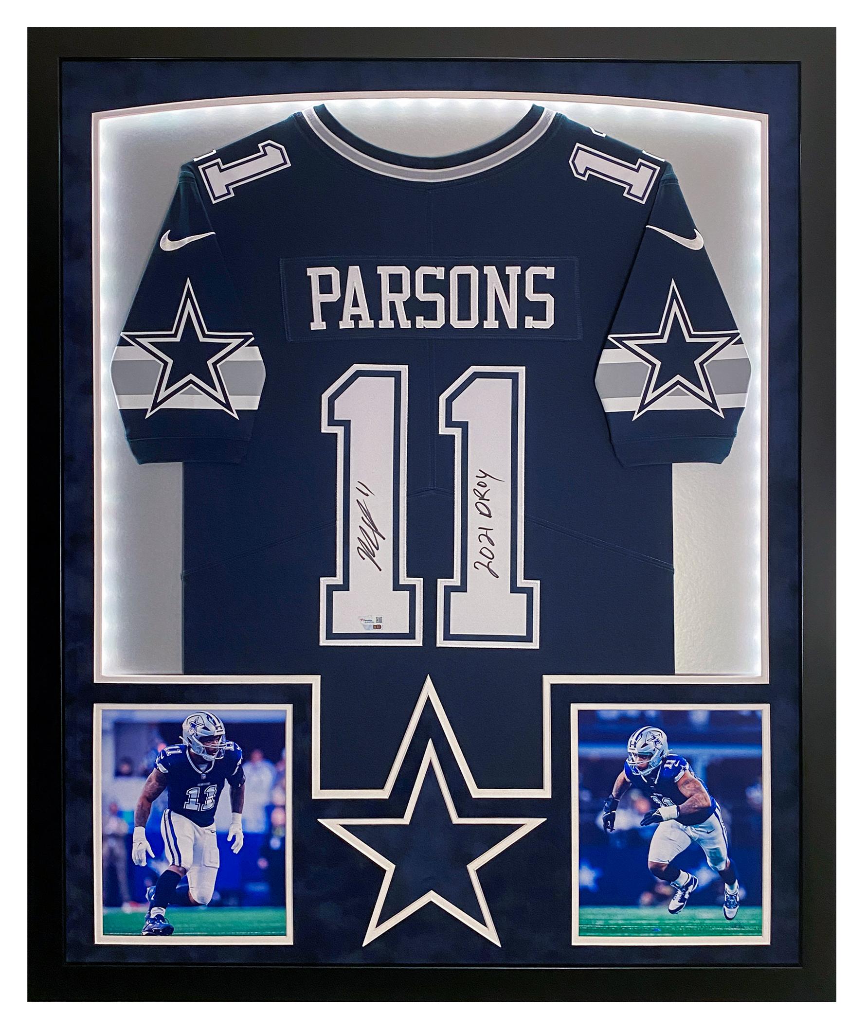 Micah Parsons Signed Cowboys Custom Framed LED Jersey Display Inscribed "2021 DROY" (Fanatics) at PristineAuction.com Micah Parsons Signed Cowboys Custom Framed LED Jersey Display Inscribed "2021 DROY" (Fanatics) at PristineAuction.com