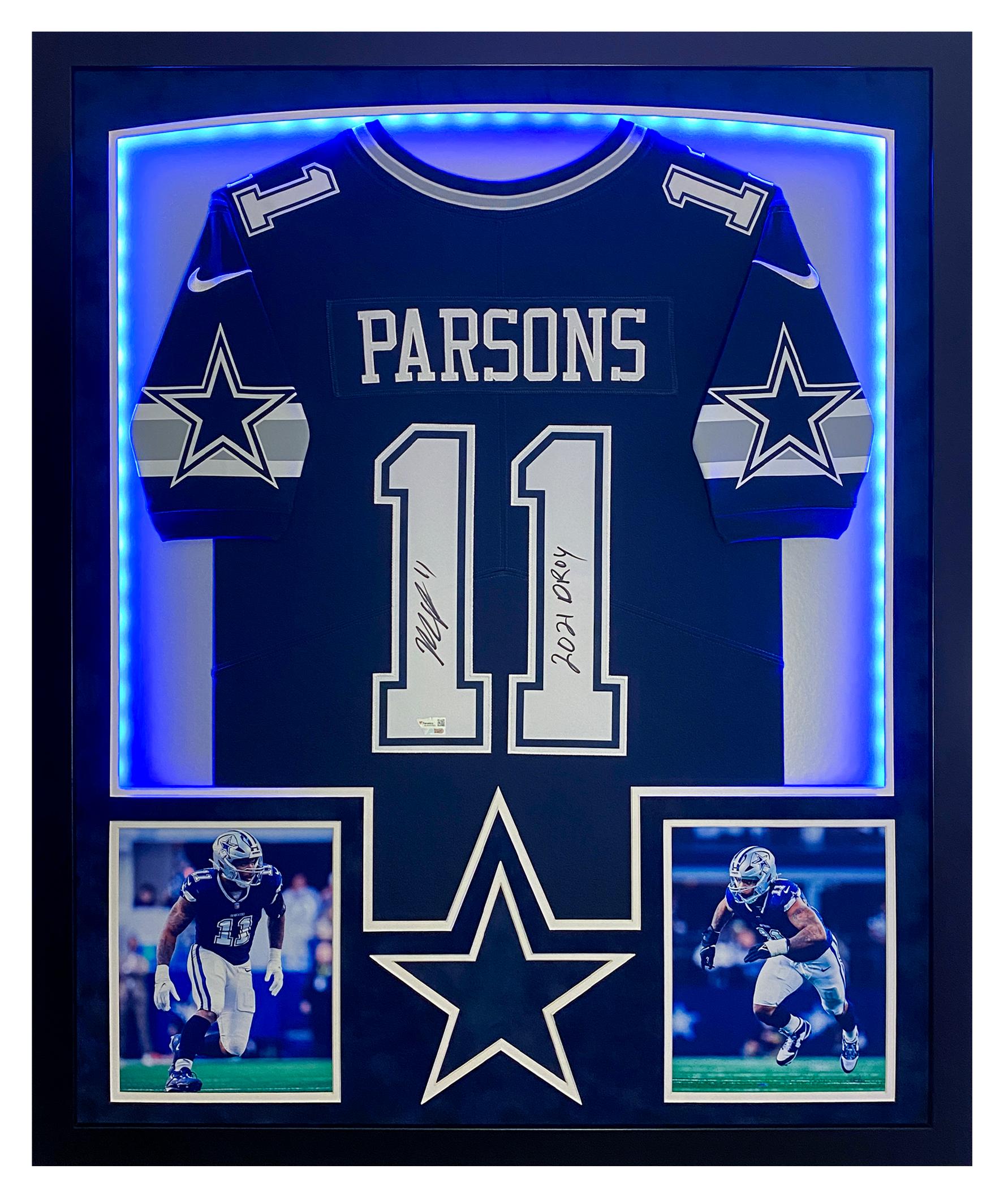 Micah Parsons Signed Cowboys Custom Framed LED Jersey Display Inscribed "2021 DROY" (Fanatics) at PristineAuction.com Micah Parsons Signed Cowboys Custom Framed LED Jersey Display Inscribed "2021 DROY" (Fanatics) at PristineAuction.com